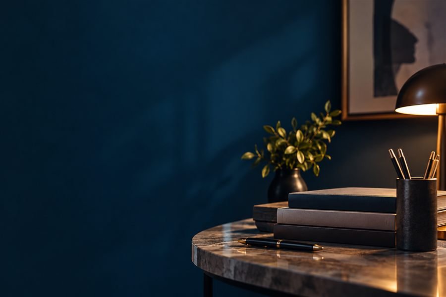 Mesa de trabalho com livros sobre fundo azul-noturno